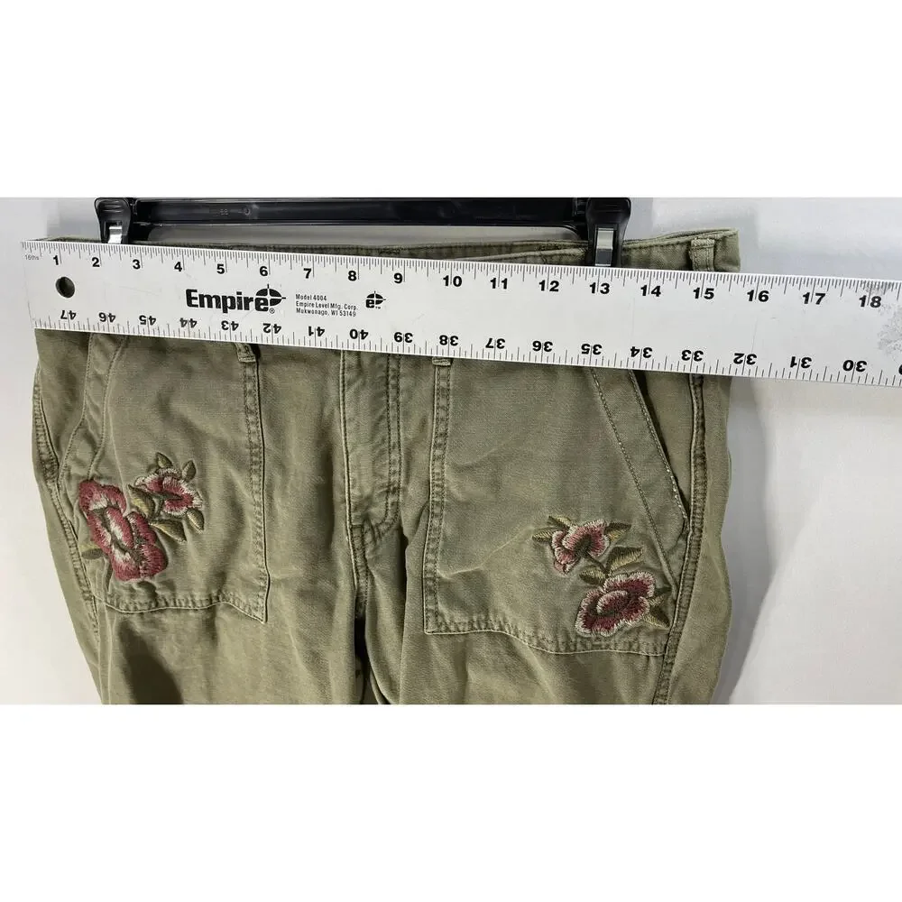 Abercrombie Fitch Jeans 8 Green Embroidered Floral Raw Hem Slim Boyfriend Y2K